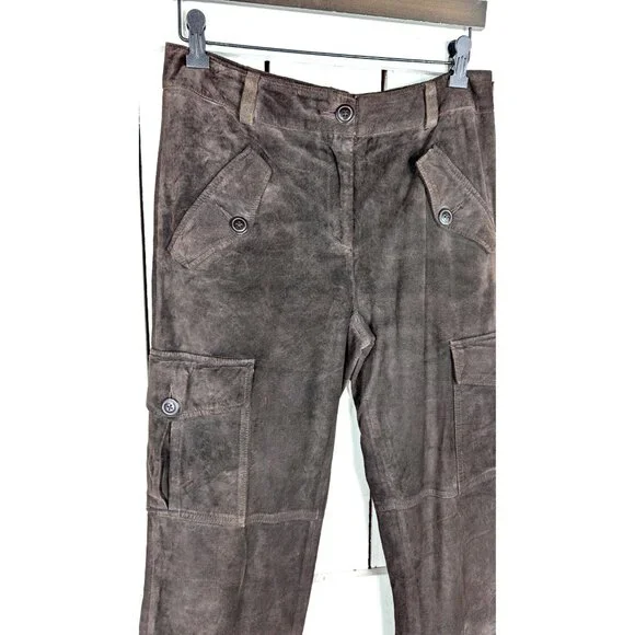 Vintage brown suede leather drawstring ankle cargo style pants